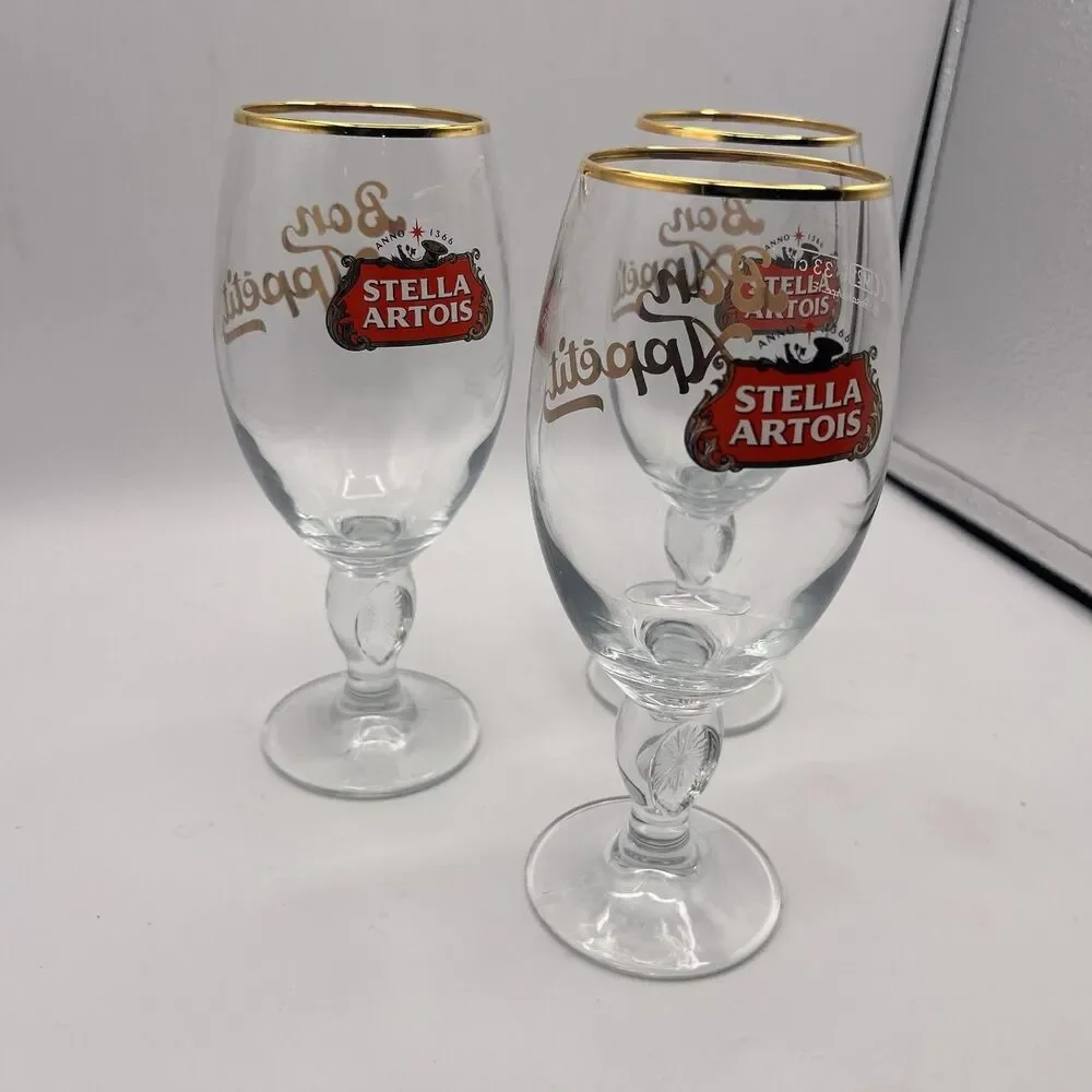 Stella Artois Gold Rim Belgium Chalice .33cl Beer Glasses - Set of 3